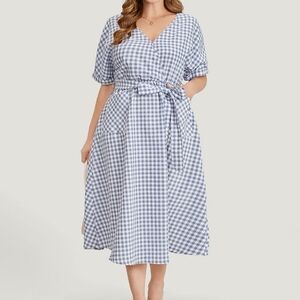 Bloomchic Size 14-16 Gingham  Batwing Dolman Sleeve Belt Pocket faux Wrap Dress